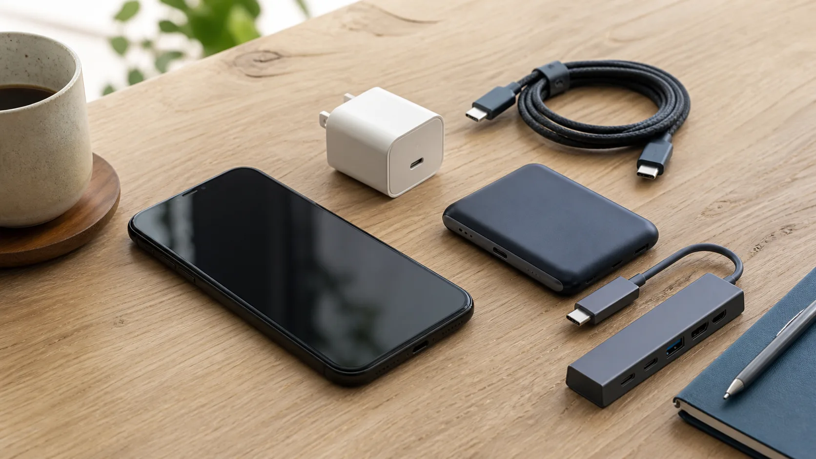 スマートフォン、充電器、ケーブル、モバイルバッテリーのイメージ写真